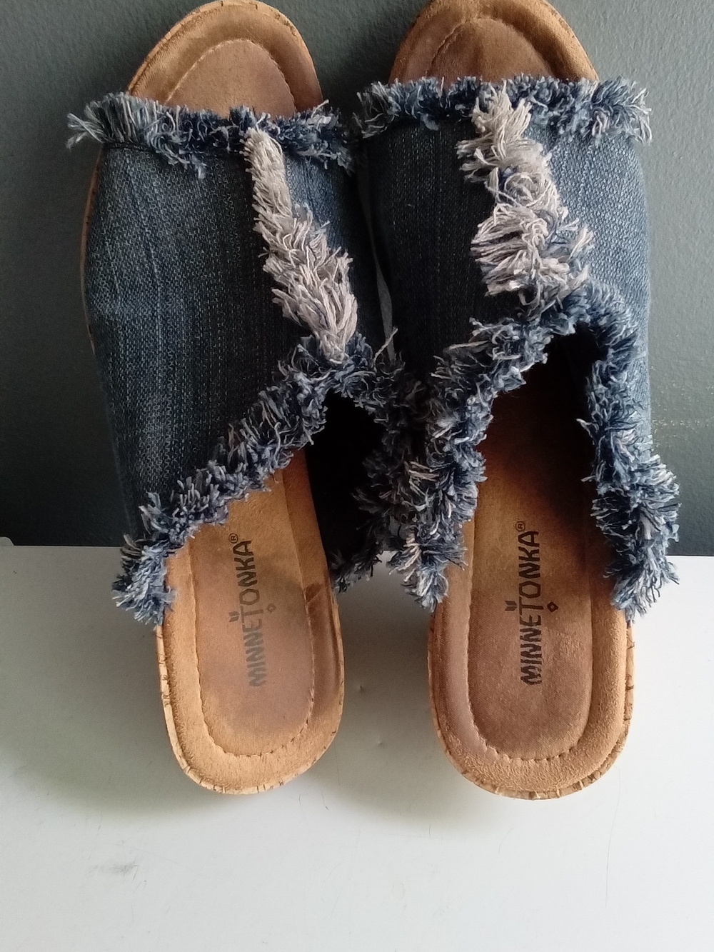 Minnetonka Blue Denim Frayed Fringe Cork Wedge Sandals Slide Mules Womens